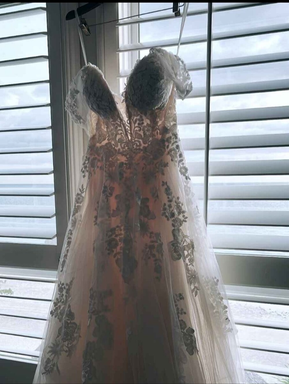 Lace Off-the-Shoulder Wedding Dress with Train. Size 8. Professionally cleaned.
